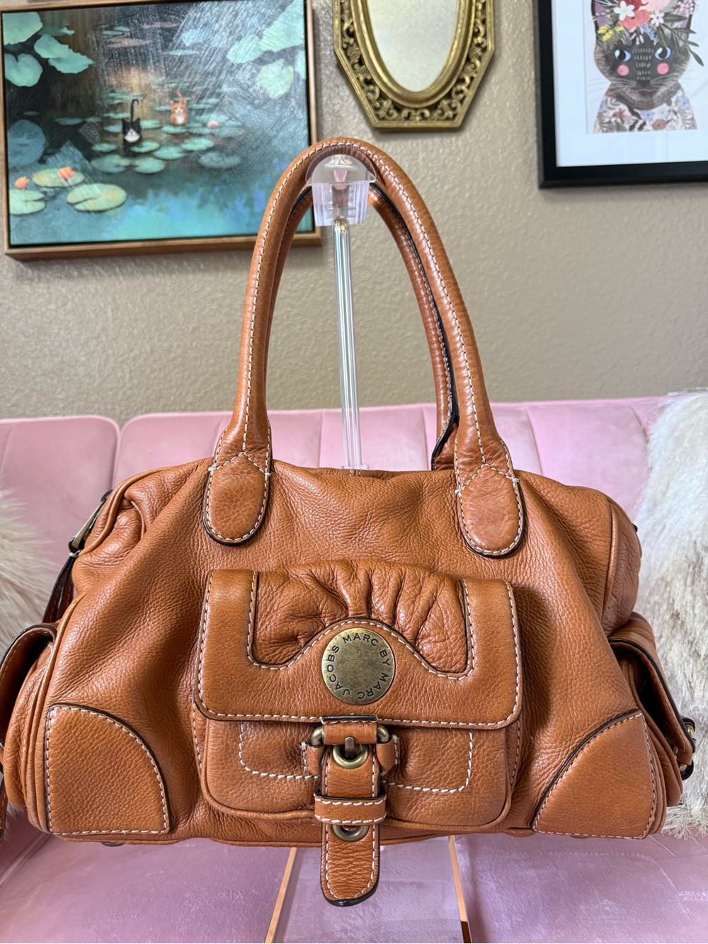 Auth!MarcBy Marc Jacobs ALINE Cognac Brown Leather Handbag Antique Gold Hardware